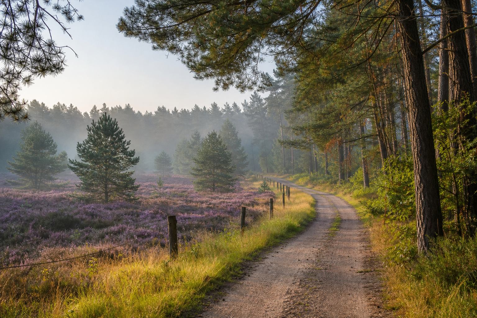Radfahrer auf einem Weg durch Heide und Kiefernwald in der Lüneburger Heide