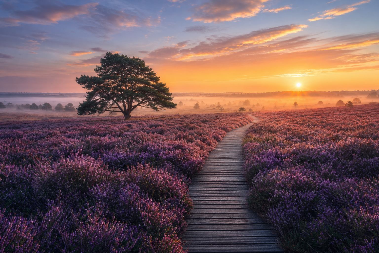 Blühende Heide bei Sonnenuntergang mit Holzsteg und leichtem Nebel in der Lüneburger Heide
