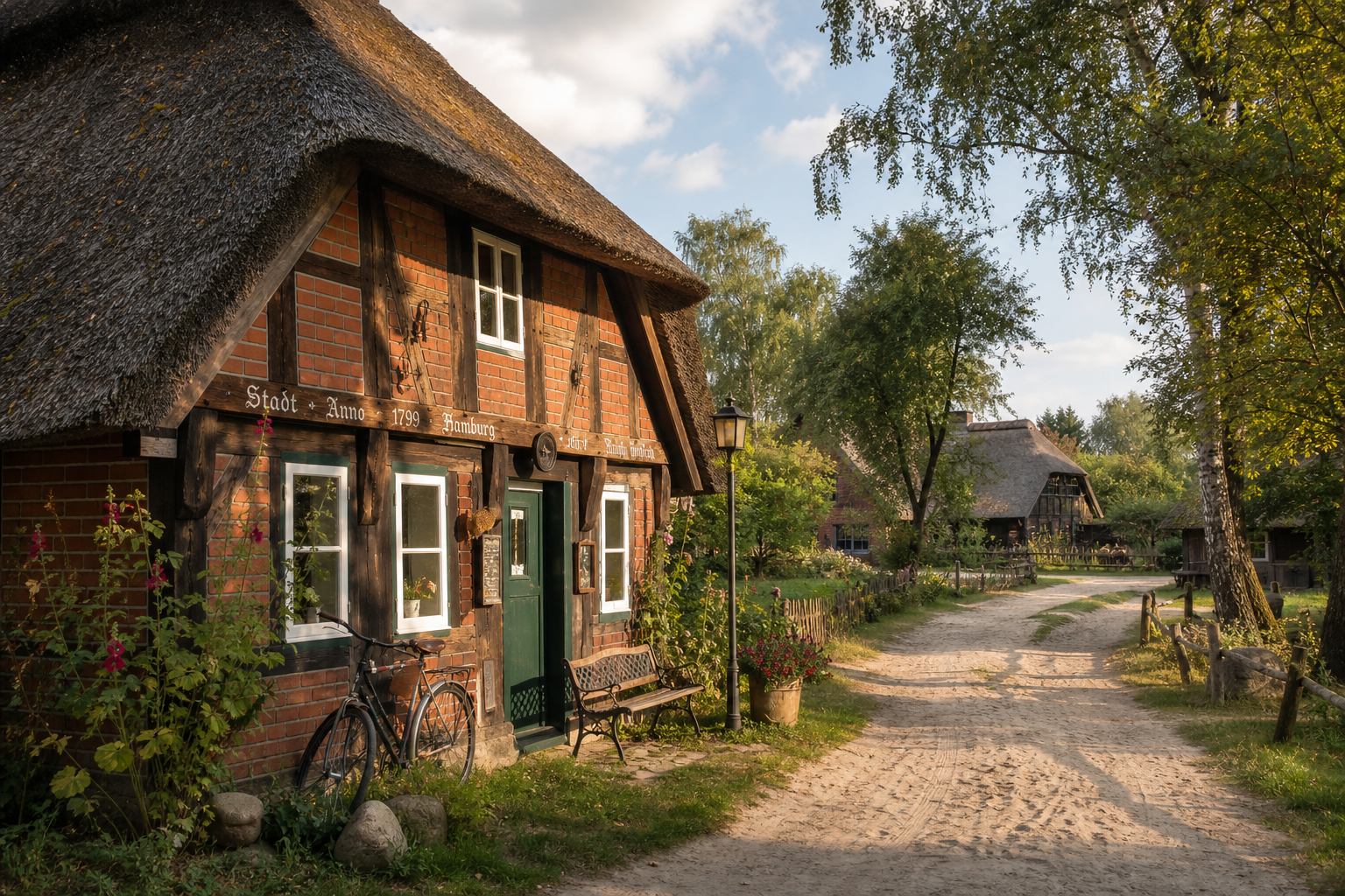 Reetdachhaus und Holzdach in einem Heidedorf der Lüneburger Heide