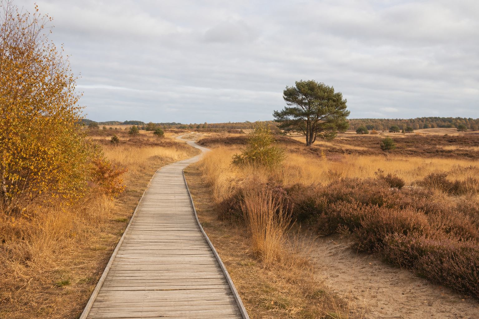 Sandiger Wanderweg durch goldene Heideflächen in der Lüneburger Heide